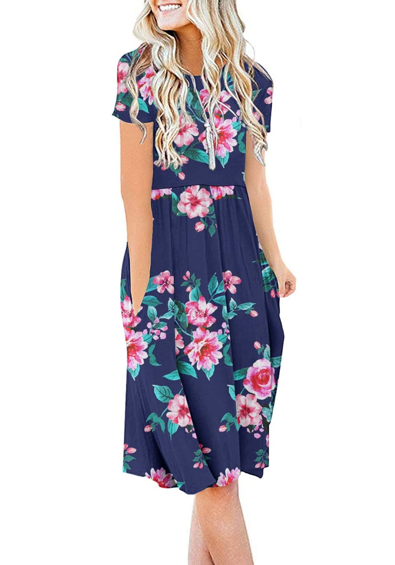 DB MOON Women Summer Casual Short Sleeve Dresses Empire Waist Dress with Pockets (Flower Navy Blue, M) - Image 1